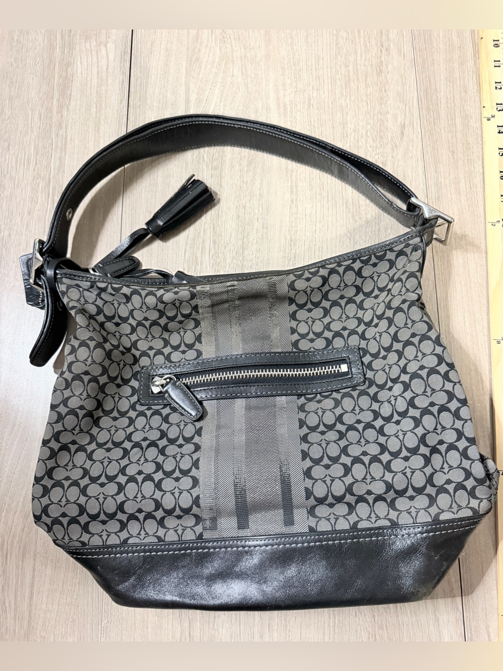 Coach Gray and Black Signature Hobo Shoulder Bag